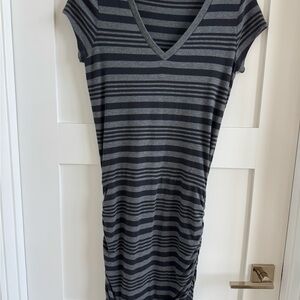 Athleta Gray Striped V-Neck Knit Dress